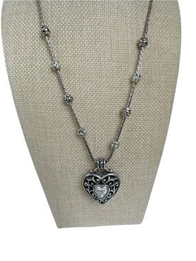 Brighton Reno Heart Necklace, silver-plated  scrollwork/crystal accents.